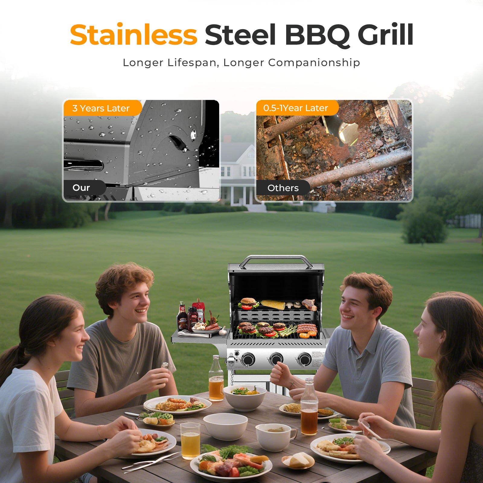 WAA 3-Burner Propane Gas Grill,24000BTU Stainless Steel BBQ with Foldable Side Tables & Durable Grates - Ideal for Outdoor Backyard/Patio Cooking My Store