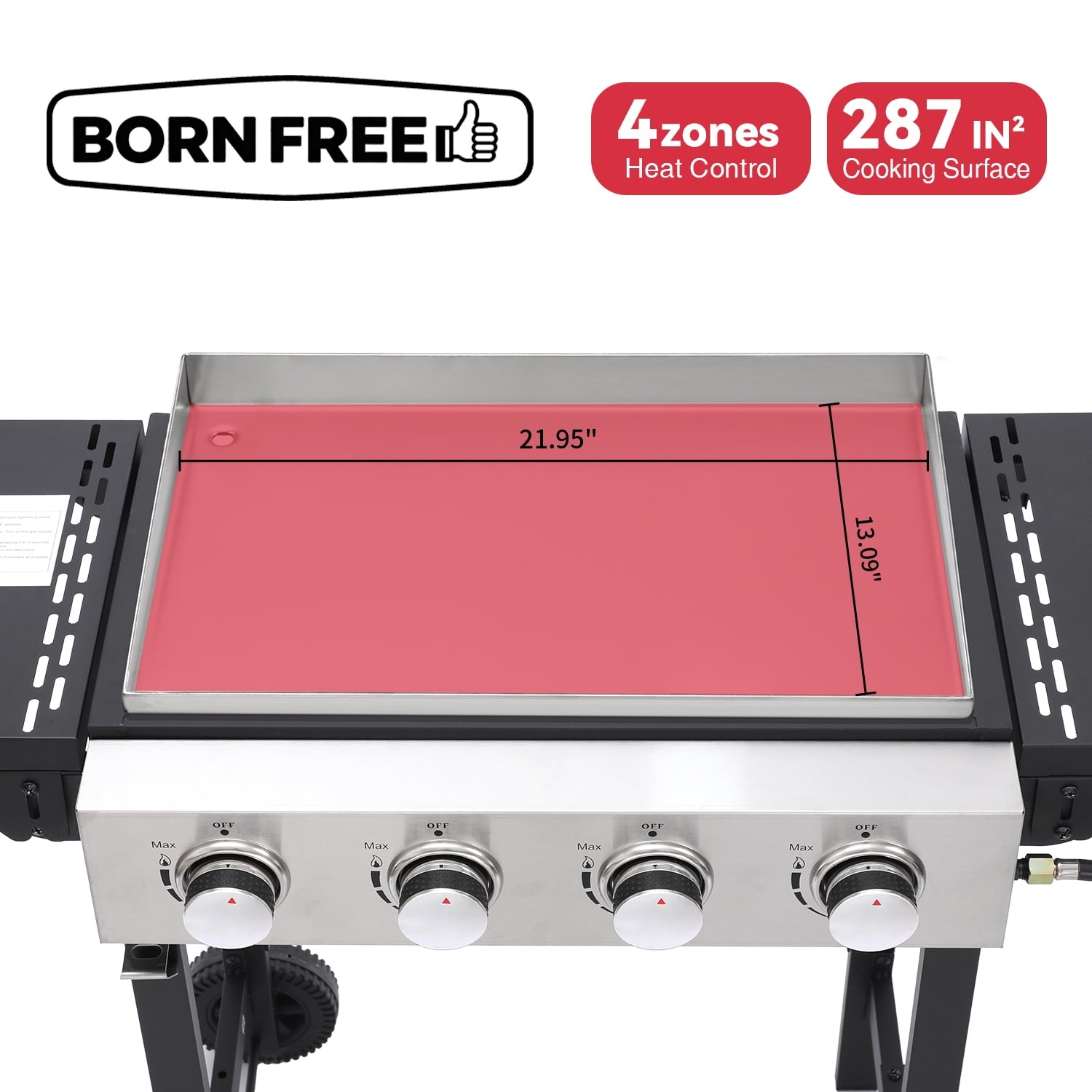 4-Burner Flat Top Gas Grill with Stainless Steel Griddle, Includes Cover & Regulator - Perfect for Camping, Tailgating, Backyards Born Free