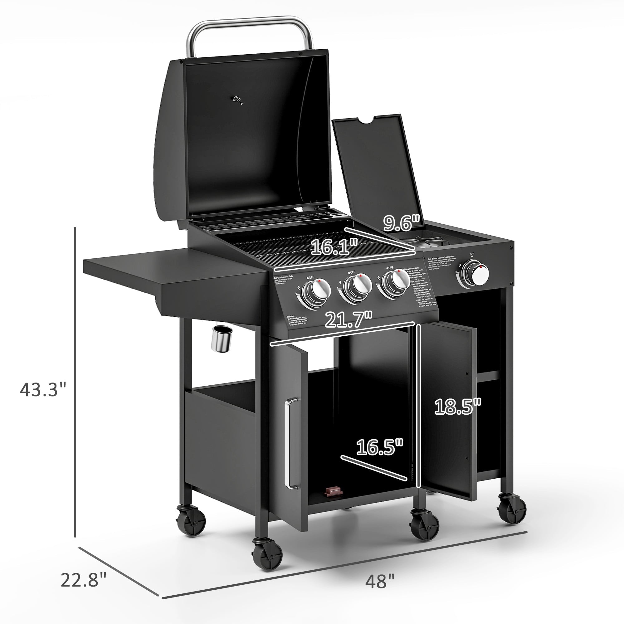 Outsunny 3 Burner Gas Grill with Side Burner, 9.5 KW Output, 310 Sq. in. Cooking Area, Cabinet Style Propane BBQ Grill with Shelves, Black Outsunny