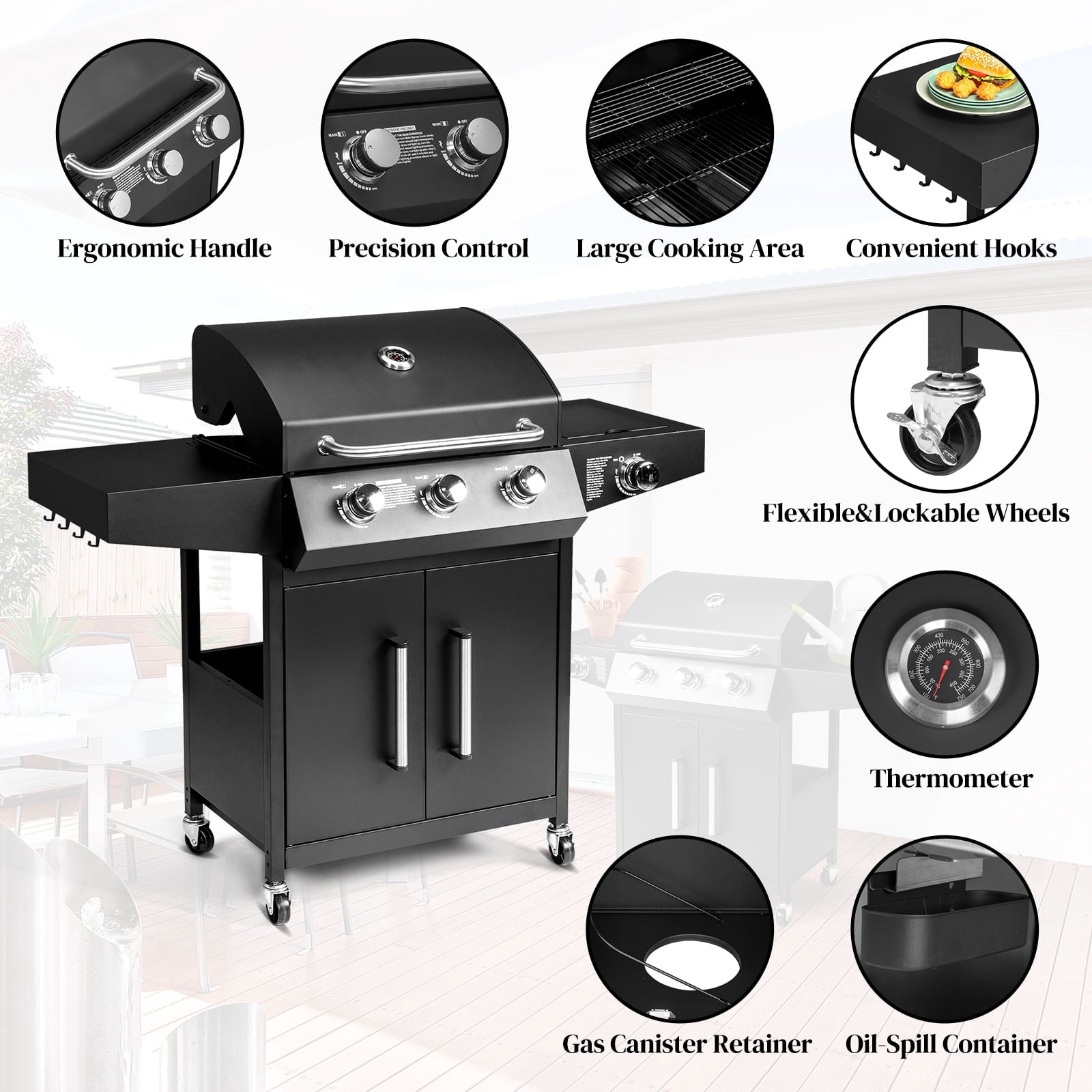 GoDecor Outdoor BBQ Propane Gas Grill for Barbecue Cooking 3 Burners with Side Burner,Patio Picnic Backyard, Outdoor Party,46000BTU GoDecor