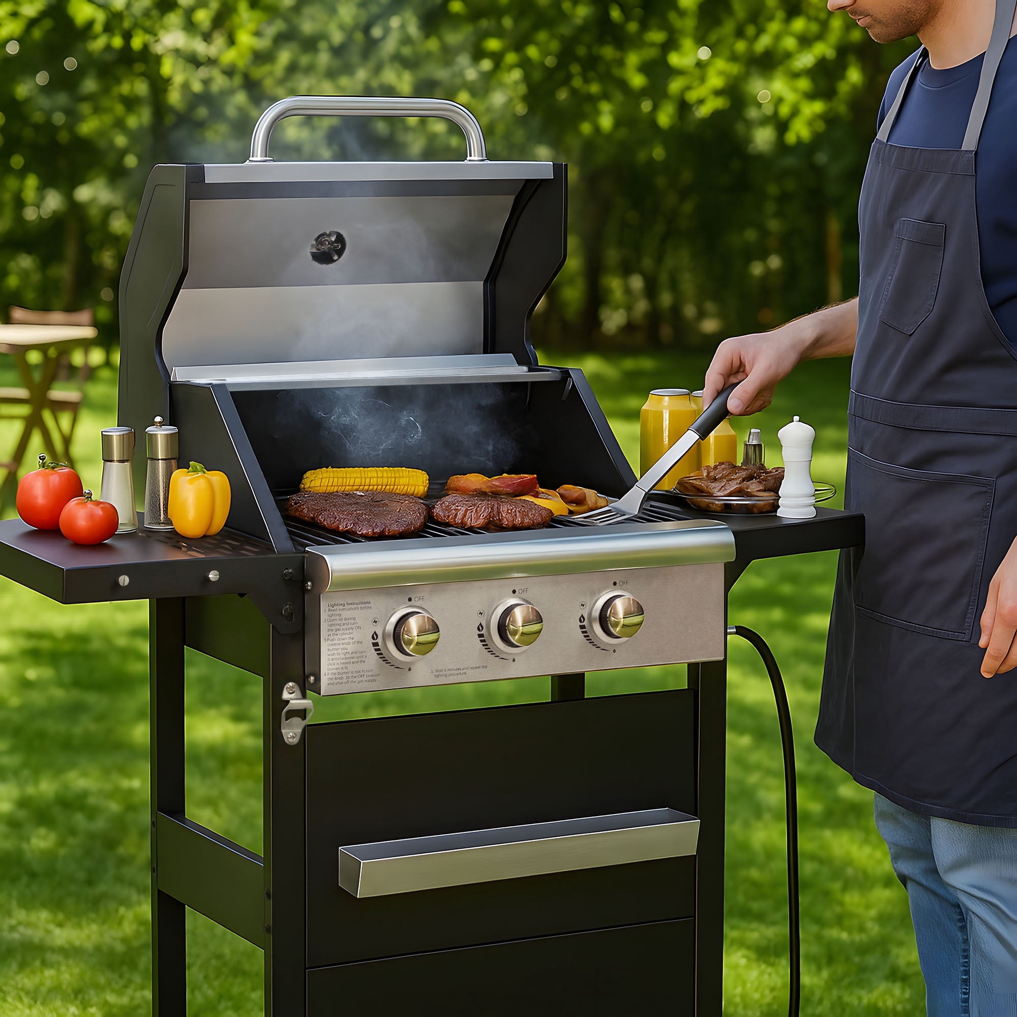YIORTWO 3 Burner Propane Gas Grill with Cover, 27,000 BTU Outdoor BBQ with Stainless Steel Lid & Storage Cabinet, Portable for Patio & Camping Gas Grills