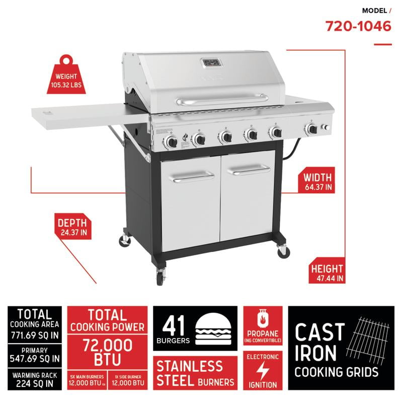 Nexgrill?Deluxe 5-Burner Propane BBQ Grill with Side Burner and Foldable Side Table, Stainless Steel Control Panel, Electric Ignition, 60,000 BTUs Output, Gas Grill Perfect for Gatherings - 72 Nexgrill