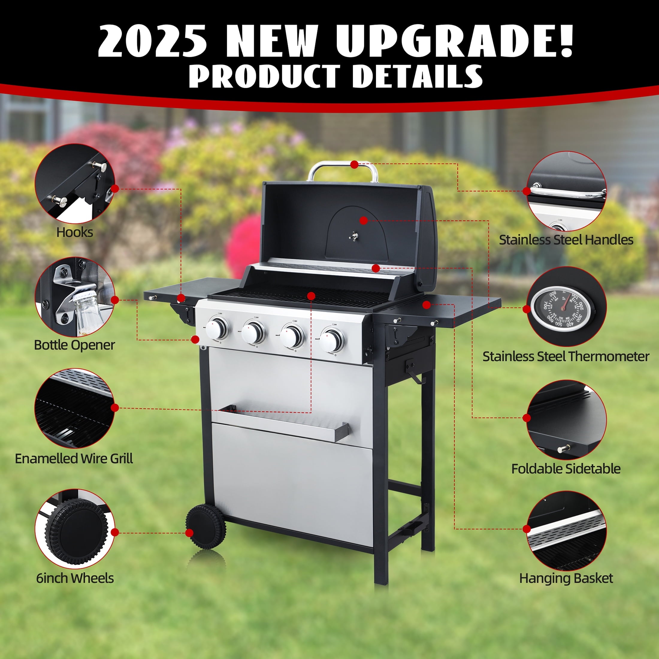 4-Burner Propane Gas Grill - 34,200 BTU BBQ Grill, Stainless Steel Control Panel, Easy Ignition, Temperature Gauge, 2 Enameled Cooking Grids for Backyard BBQ Gas Grills