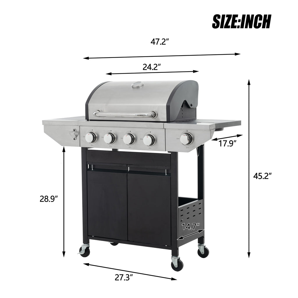 4 Burner Stainless Steel Gas Grill with Side Burner, 46,500 BTU Barbecue Propane Grill for Outdoor Patio Garden Camping, Black&Silver Gas Grills