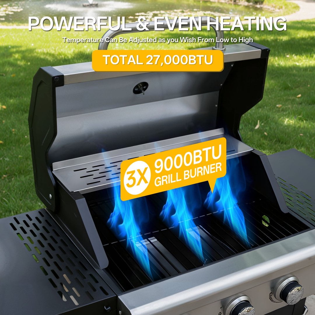 Fehomix 3 Burner Propane Gas Grill, Stainless Steel BBQ Grill with Built-in Thermometer & Electronic Ignition, 26,000 BTU Outdoor Patio Garden Grill with Two Foldable Side Shelves Fehomix
