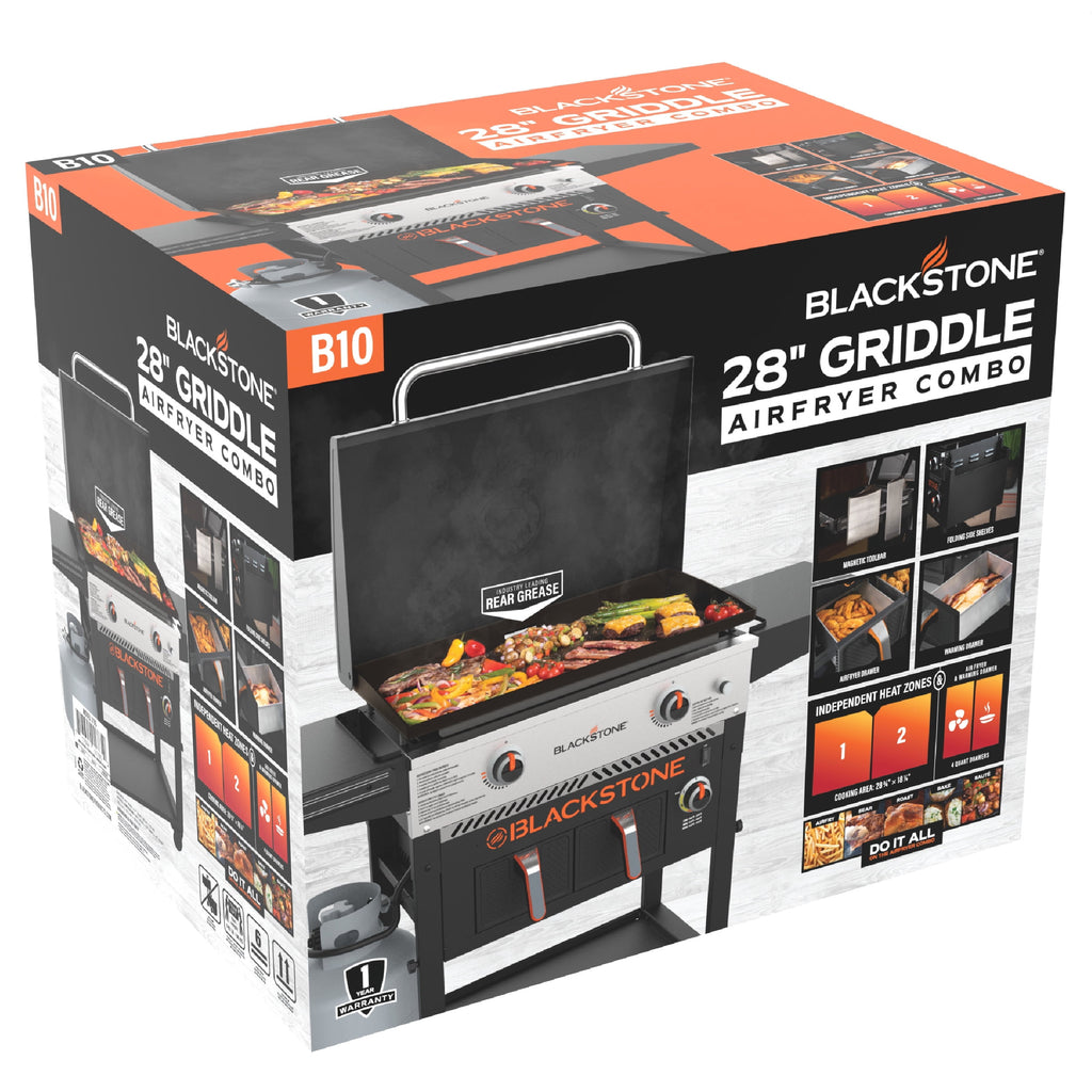 Blackstone Outdoor Combo Griddle, 28 Inch 2-Burner Flat Top Grill with Air Fryer and Hood, Black Gas Grills