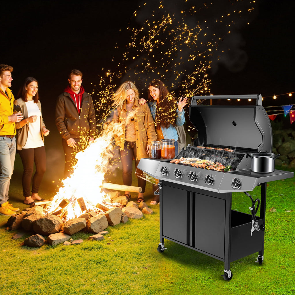 50000 BTU Gas Grills, SYNAGR Propane Grill with 566 sq.in Cooking Area, 5-Burner Stainless Steel BBQ Grill with Side Burner and Thermometer for Outdoor Party, Camping Syngar