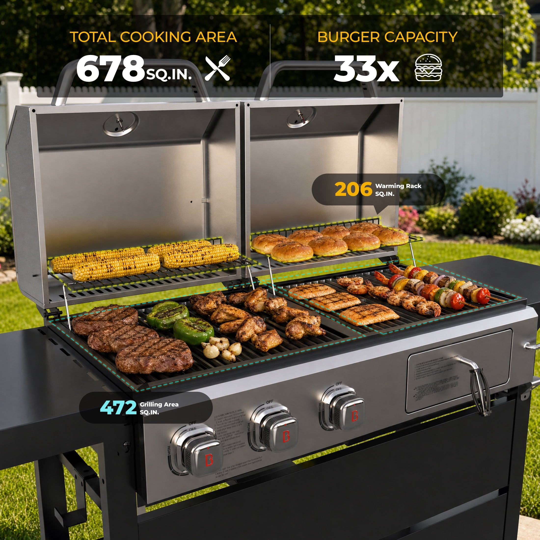 Propane Gas and Charcoal Grill Combo, Dual Fuel Outdoor BBQ Grill Stainless Steel Lids for Patio Garden Picnic Backyard Barbecue Cooking, Silver Gas Grills