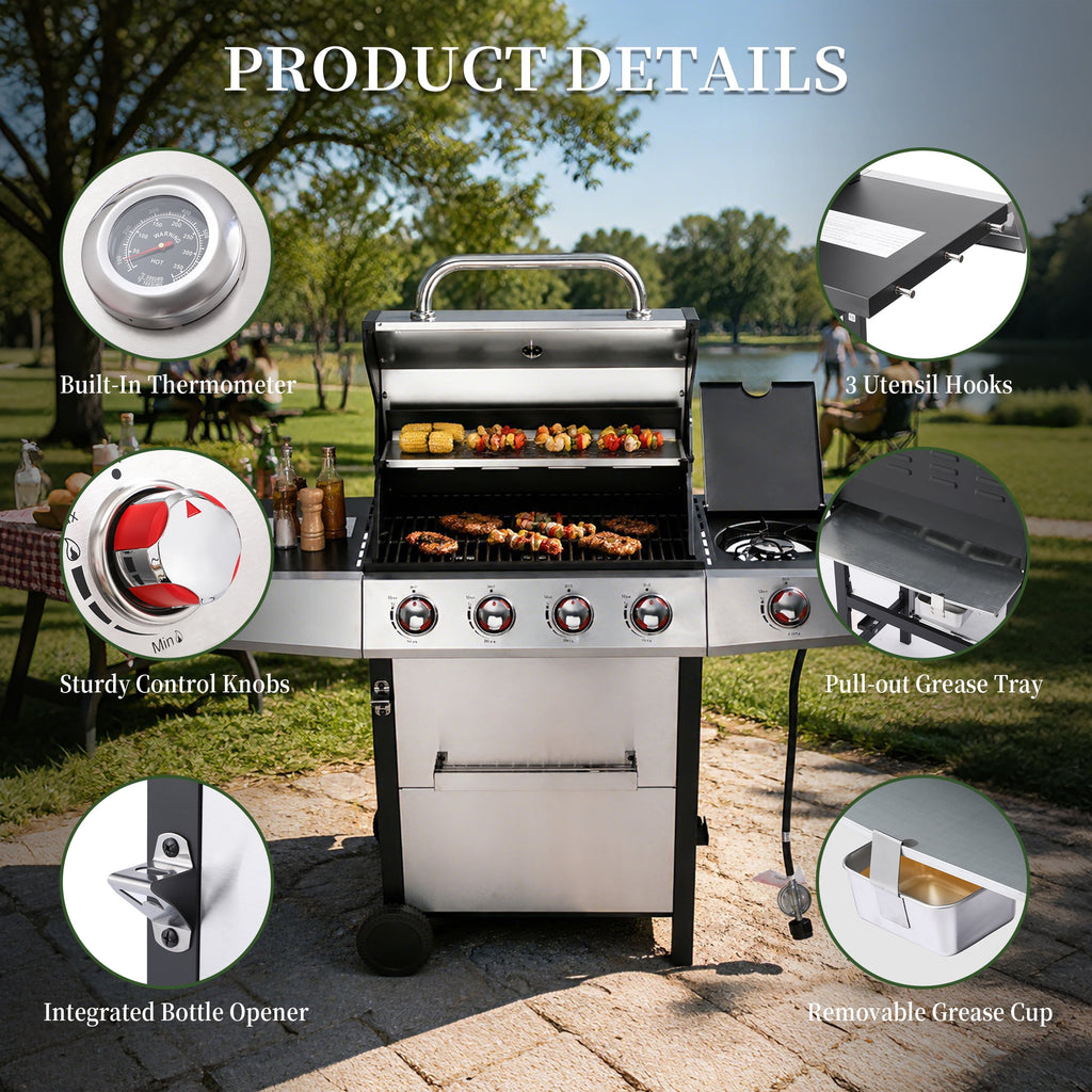 4 Burner Propane Gas Grill Combo w/Side Burner, 3-in-1 BBQ Grill with Charcoal Smoker & Griddle Plate, 46,750 BTU, 448 Sq.In. Stainless Steel Outdoor Cooking Station Nice Cooker