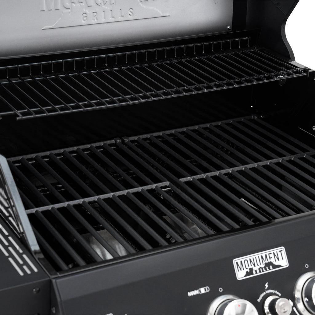 Monument Grills 4-Burner Liquid Propane Gas Grill, 38,000 BTU Stainless Steel Outdoor Barbecue Grill, Clearview Lid, Foldable Side Shelf, Easy Cleanup, M420MF Gas Grills