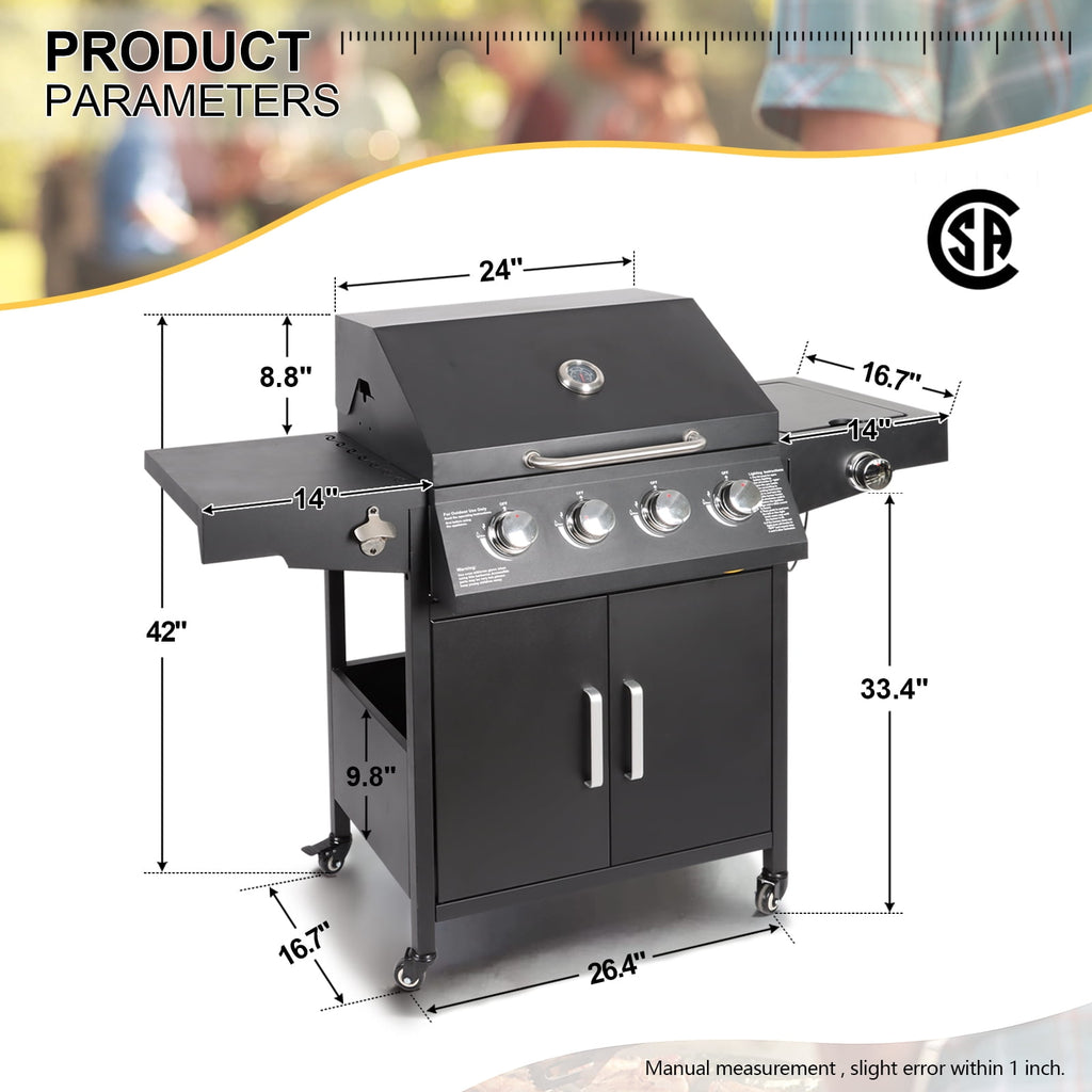 Polar Aurora Propane Gas Grill 4-Burners a Side Burner, Side Table, Steel Grill Cart for Garden Outdoor Cooking Picnic Polar Aurora