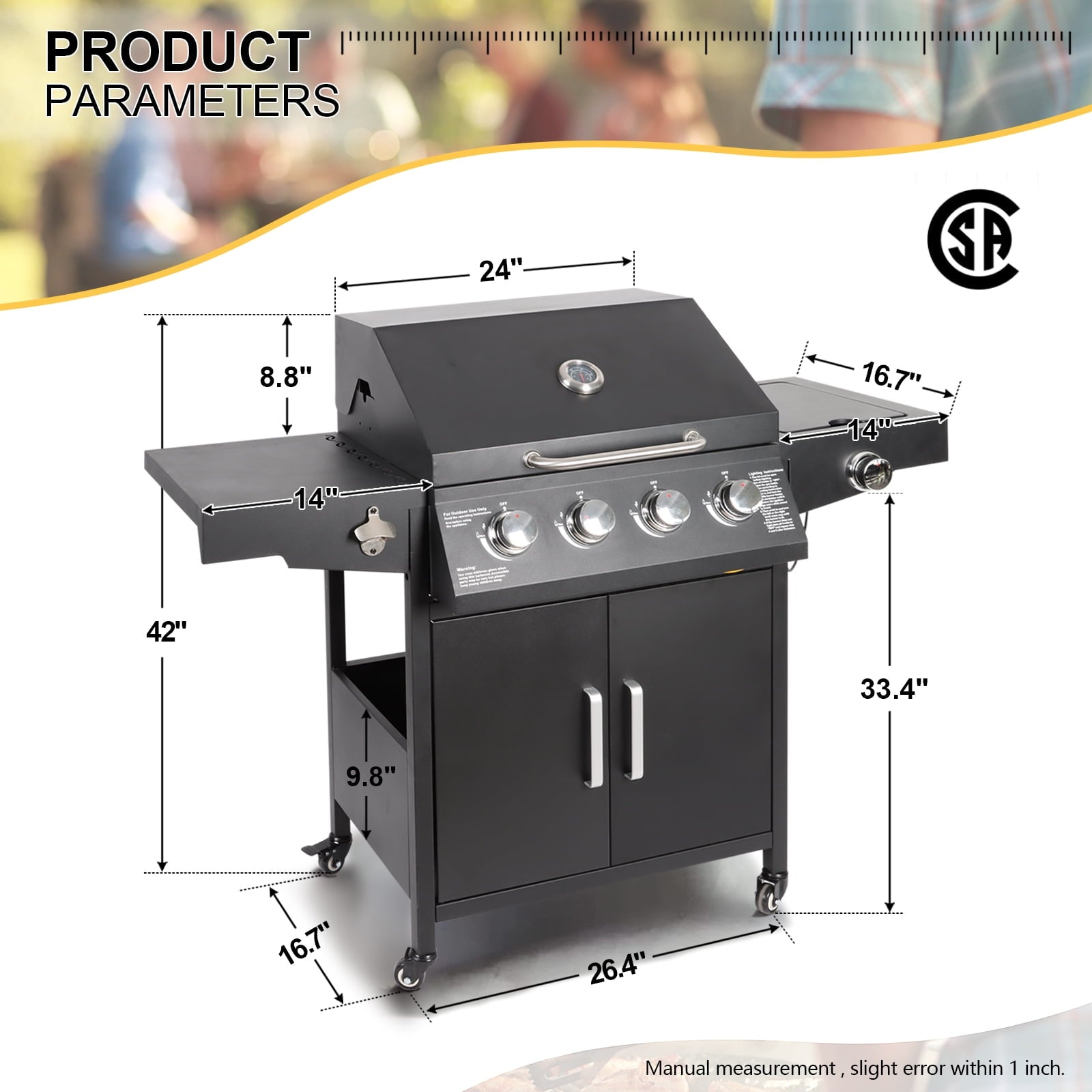 Polar Aurora Propane Gas Grill 4-Burners a Side Burner, Side Table, Steel Grill Cart for Garden Outdoor Cooking Picnic Polar Aurora