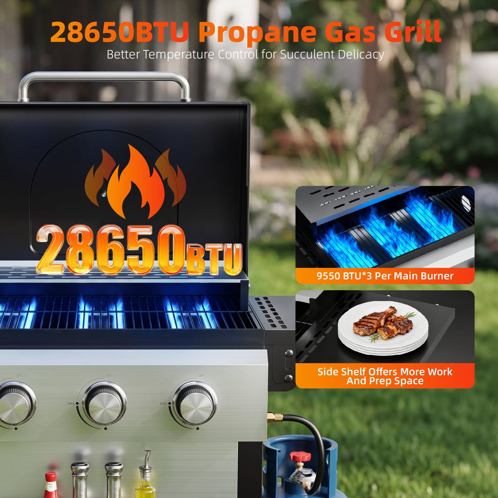 Biotree 3 Burner BBQ Propane Gas Grill, Stainless Steel 28,650 BTU Patio Garden Barbecue Grill with Two Foldable Shelves Gas Grills