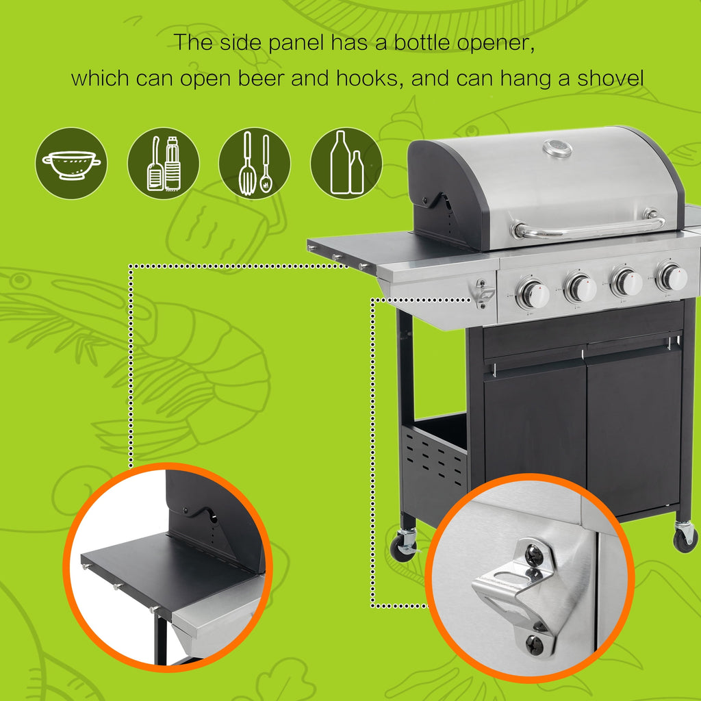 4 Burner Stainless Steel Gas Grill with Side Burner, 46,500 BTU Barbecue Propane Grill for Outdoor Patio Garden Camping, Black&Silver Gas Grills