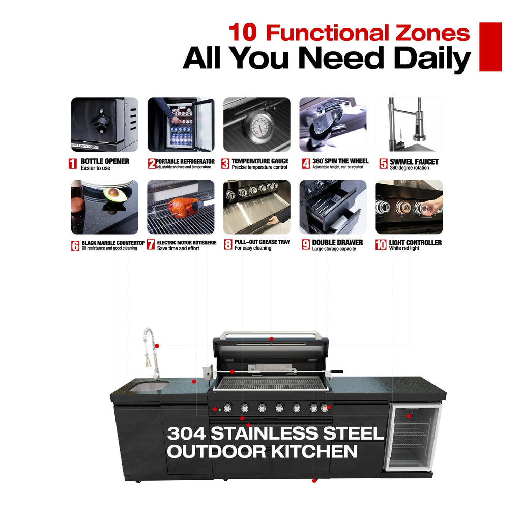43-Inch 6-Burner 85000 BTU Deluxe Stainless Steel Gas Outdoor Kitchen Bar Barbecue Island Grill + Wine Cooler Compact Refrigerator + Rotisserie kit + Granite Countertops + Stainless steel Sink My Store
