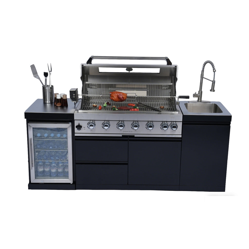 82Inch 6-Burner 85000 BTU Deluxe Stainless Steel Gas Outdoor Kitchen Bar Barbecue Island Grill  + Wine Cooler Compact Refrigerator + Rotisserie + Stainless Steel Countert + Storage Cabinets & Drawers My Store
