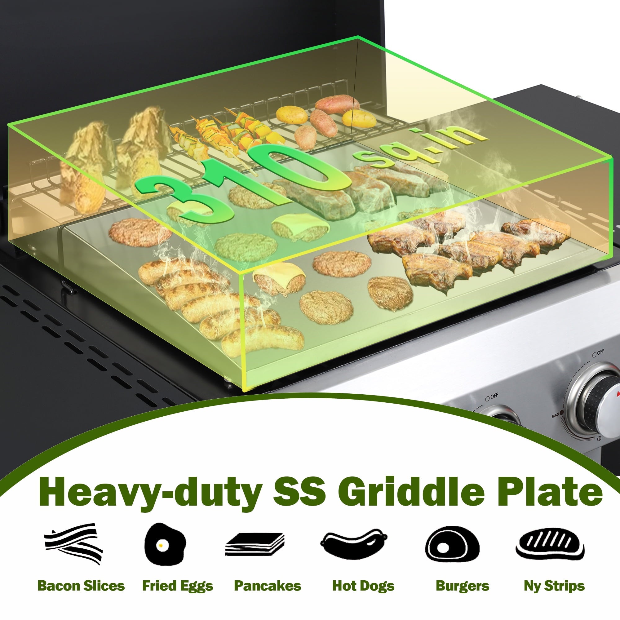 Seizeen 3-Burner Propane Gas Grill, Outdoor 2-IN-1 BBQ Grill & Griddle, Portable Combo Grills Stainless Steel, W/Two Foldable Shelves, Two Cooking Areas, Wheels Gas Grills
