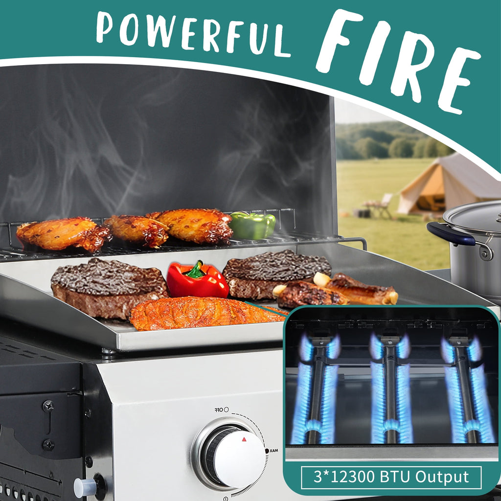 3-Burner Flattop Propane Gas Grill with Folding Side Table - 36,900 BTU Outdoor BBQ Grill with Wire Enamel Cooking Grid & Stainless Steel Griddle Combo for Backyard Nice Coker