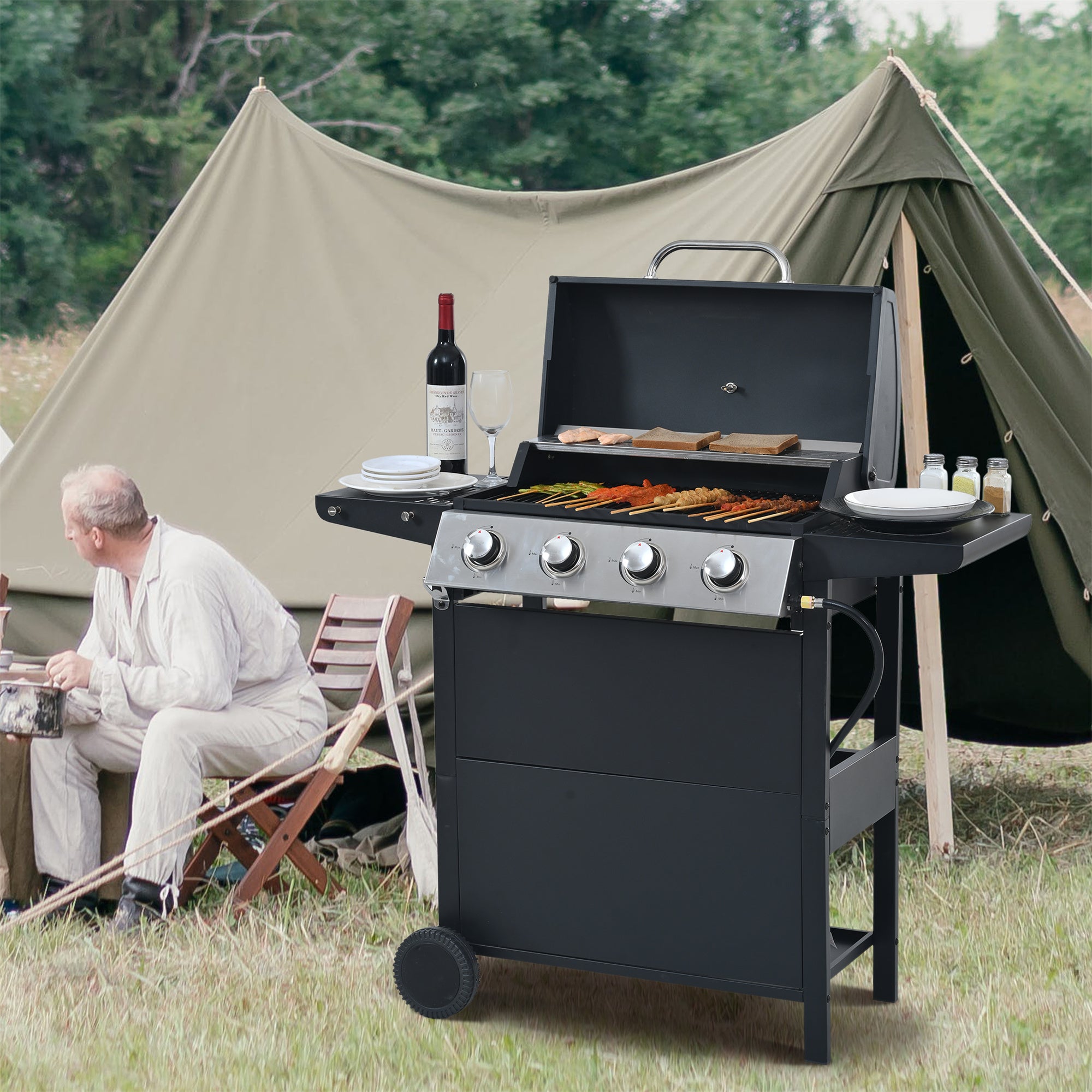 Minyam 4-Burner Propane Gas Grill with Side Shelves and Wheels, Stainless Steel Gas Grills