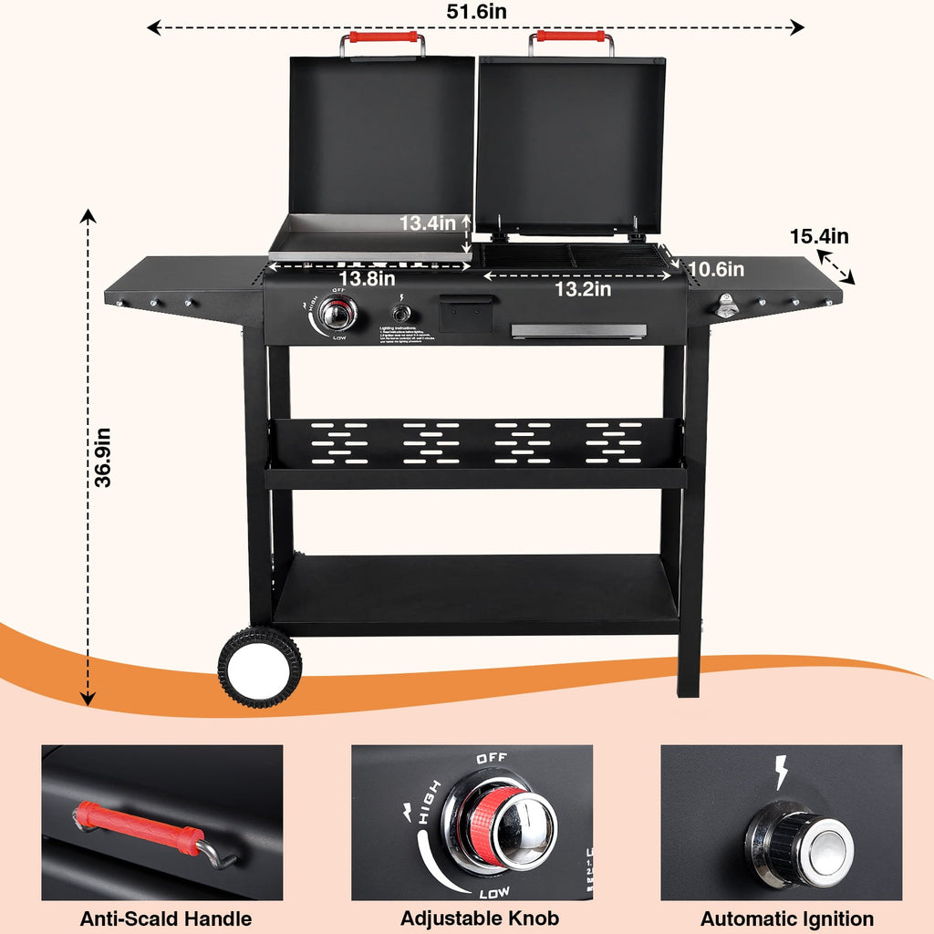 SIXDAY Dual Fuel Charcoal and Propane Grill Combo with Dual Lids, 12000 BTU Outdoor BBQ Grill with 2 Side Shelves for Backyard Cooking Gas Grills