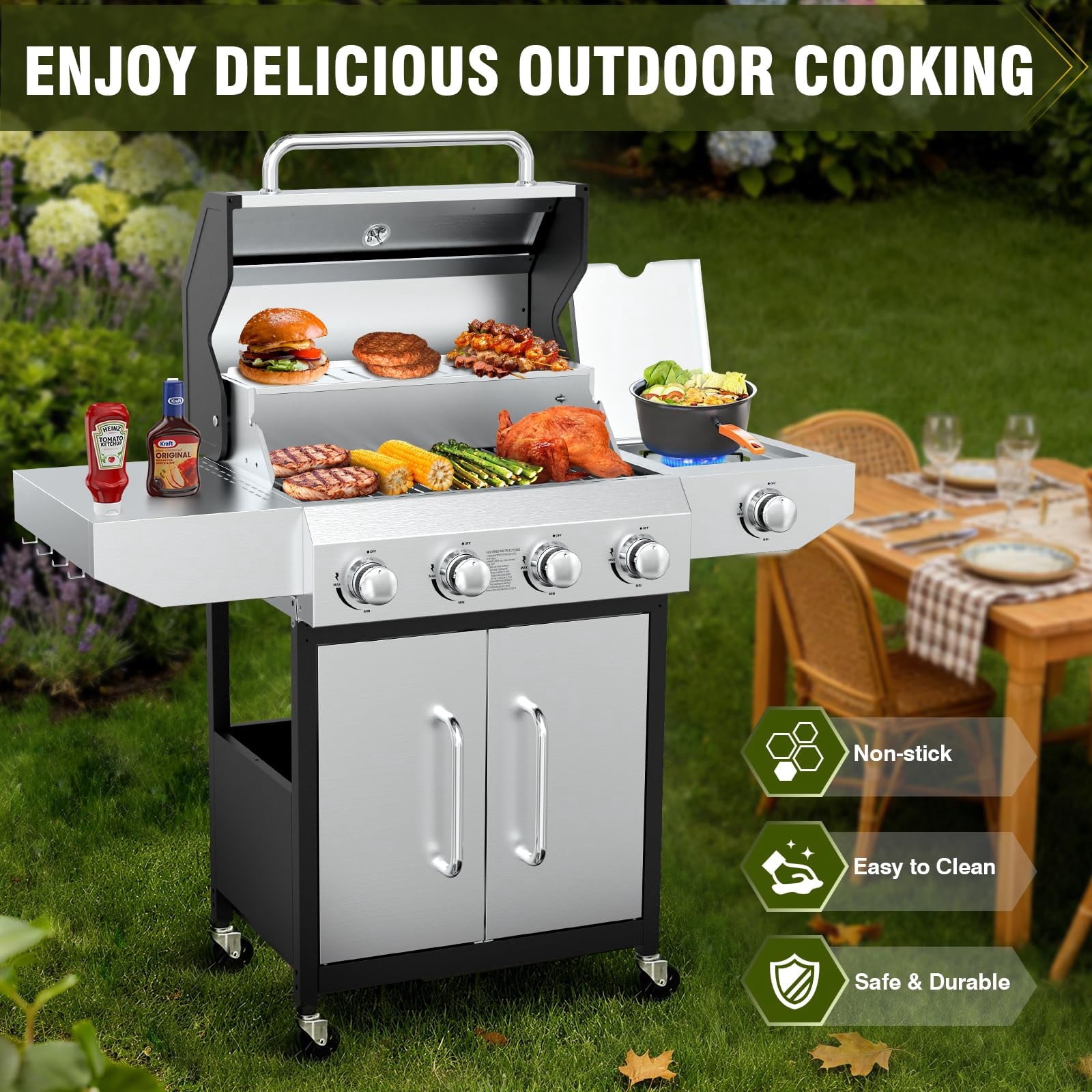 BESTFIRE 60,000 BTU 4+1 Burner Propane Gas Grill - 647 sq. inches Stainless Steel Outdoor BBQ with Porcelain-Enameled Cast Iron Grates, Side Burner & Storage Cabinet for Patio and Backyard Cooking Gas Grills