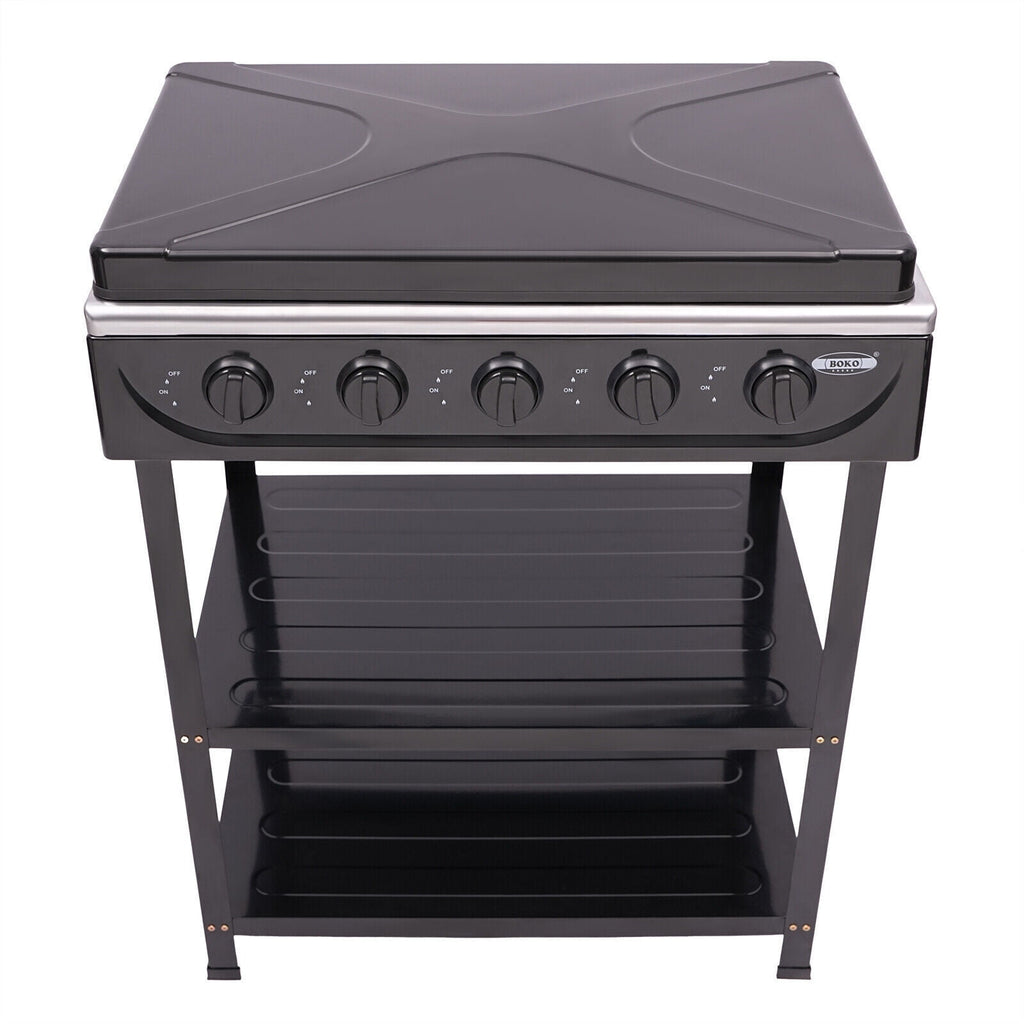 5-Burner Gas Stove Outdoor Camping Cooking BBQ Grill with 2-Tier Storage Rack Unbranded