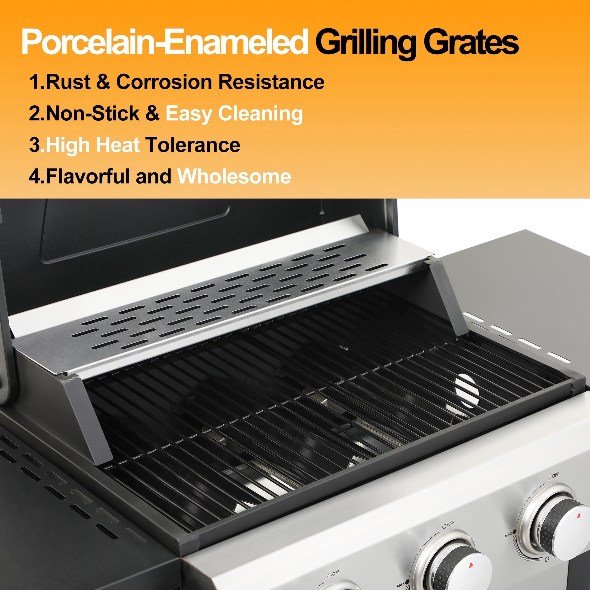 3-Burner Propane Gas Grill – 30,000 BTU Stainless Steel BBQ Grill with Porcelain-Enameled Cooking Grates, Pull-Out Grease Tray & Foldable Side Shelves, Even Heat Distribution Born Free