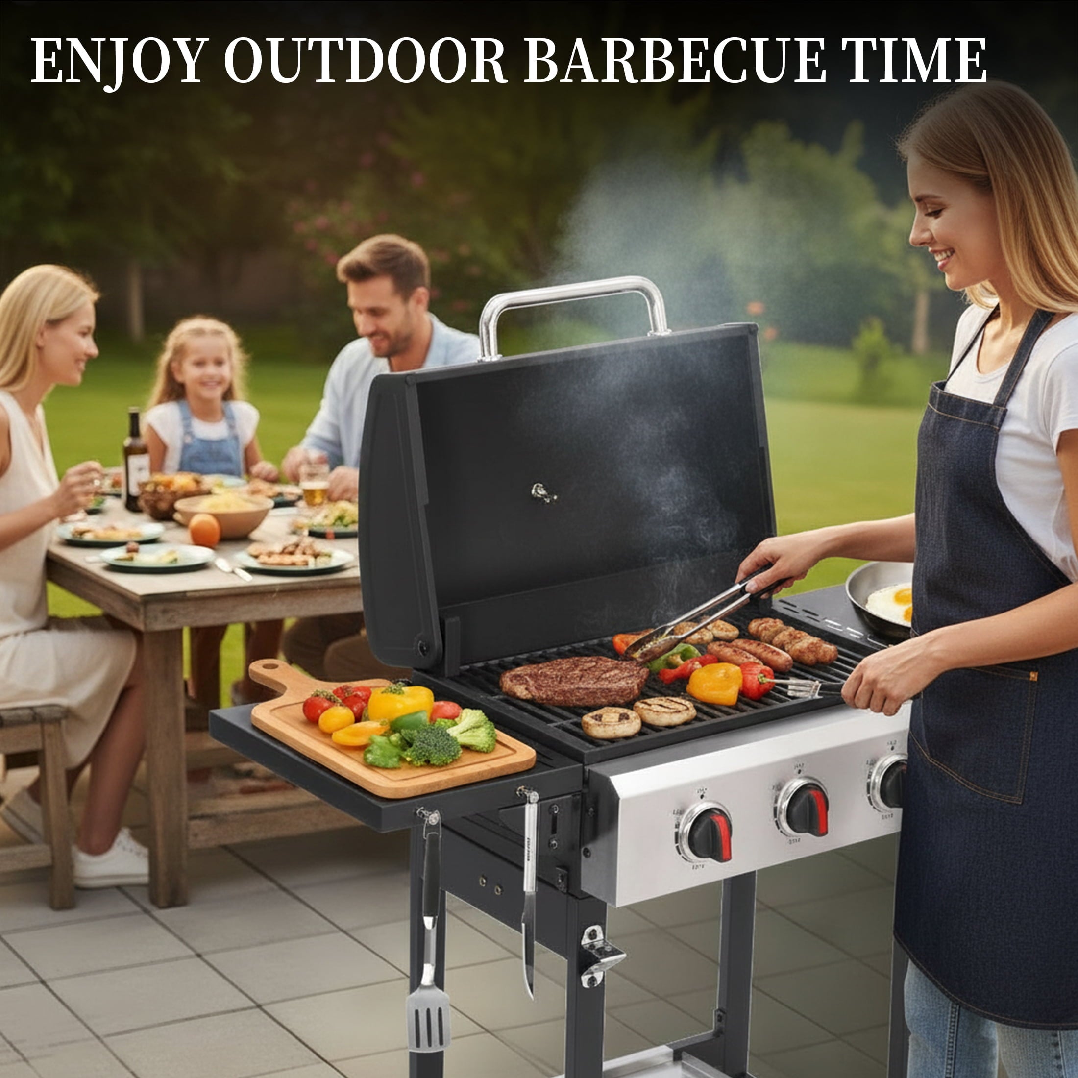 CIG GARDEN 3-Burner Propane Gas Grill with Folding Side Tables, Cast Iron Grates, and Stainless Steel Grill Pan CIG GARDEN