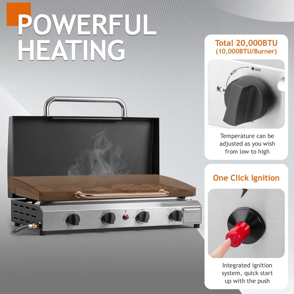 Ktaxon 4 Burner Propane Griddle Flat Top Gas Grill 40000 BTU with Lid,Ceramic Coated Cast Iron Pan,Portable Gas Grills