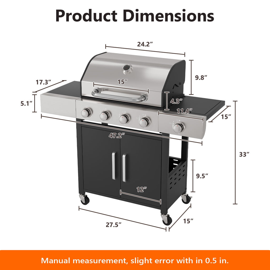 Gymojoy Outdoor 4 Burner Propane Gas Grill with Side Burner Stainless Steel BBQ Grill Gas Grills