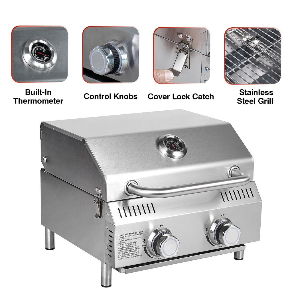 Bestfire 20 Tabletop Gas Grill 2 Burners, 20,000 BTUs Stainless Steel Portable Propane Grill with Legs for Outdoor Patio Backyard Camping, Tailgating, and RV Trips Gas Grills