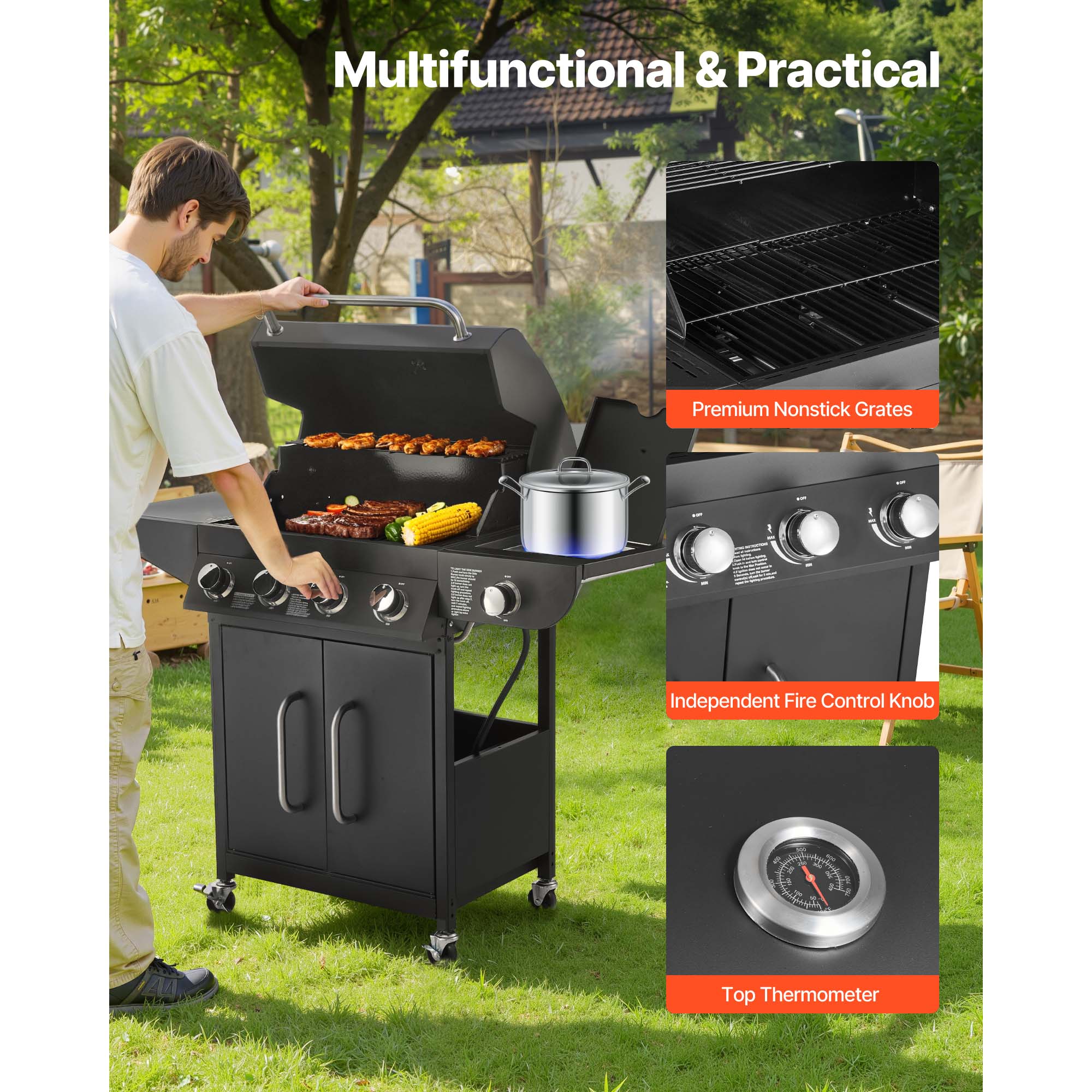 KFFKFF 4-Burner Propane Gas Grill with Side Burner, 425 SQ.In Cooking Surface, Carbon Steel Enamel Grates, Outdoor 52,000 BTU BBQ Grill with Dual Side Shelves, Durable Carbon Steel Construction KFFKFF