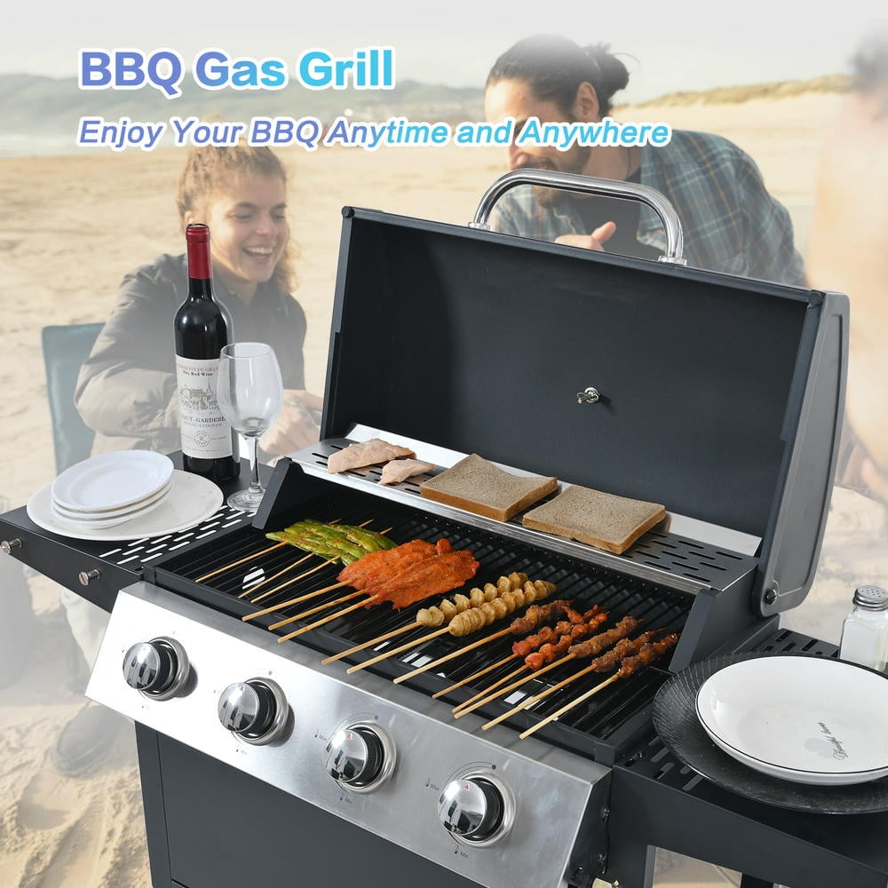 Kadyn Garden Grill with Two Shelves, Lid, Wheels and Bottle Opener, Patio Backyard Barbecue Grill with 4 Burner and Stainless Steel 34,000 BTU, Black Kadyne