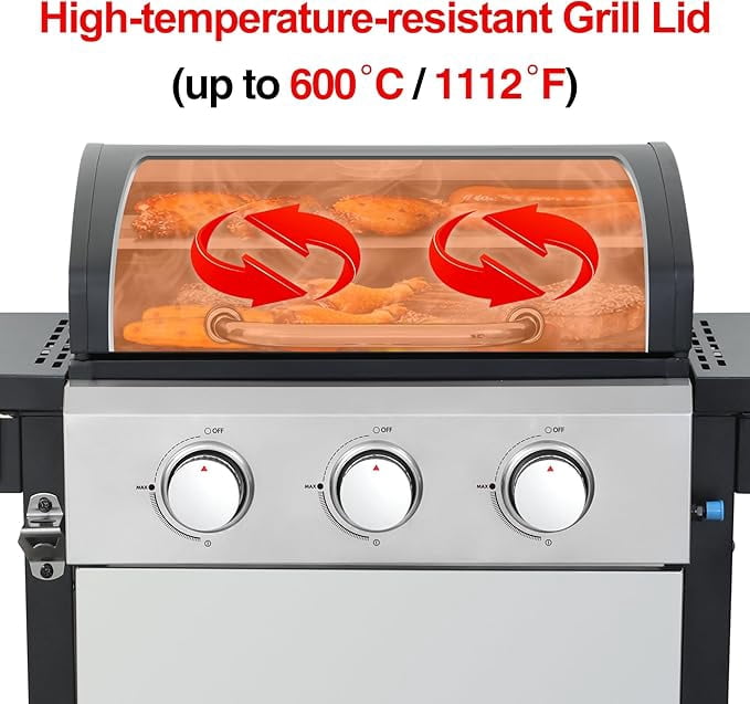 3-Burner Propane Gas Grill – 30,000 BTU Stainless Steel BBQ Grill with Porcelain-Enameled Cooking Grates, Pull-Out Grease Tray & Foldable Side Shelves, Even Heat Distribution Born Free