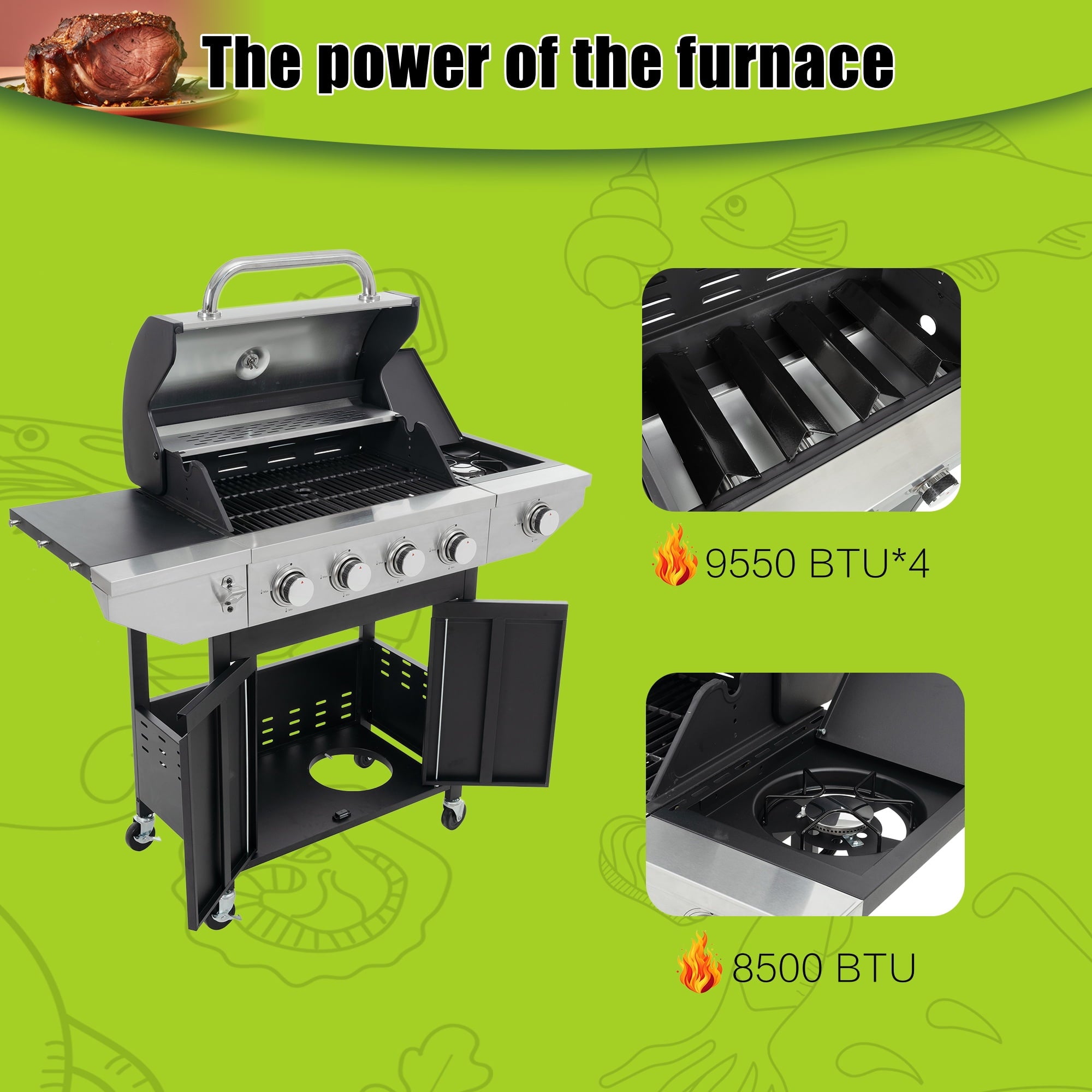 4 Burner Stainless Steel Gas Grill with Side Burner, 46,500 BTU Barbecue Propane Grill for Outdoor Patio Garden Camping, Black&Silver Gas Grills