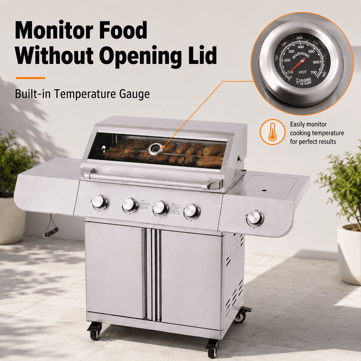 50000BTU Ultra Gas Grill, Syngar Propane Grills with 474 sq.in Cooking Area, 5-Burner Stainless Steel BBQ Grill with Side Burner and Thermometer for Outdoor Party, Camping Gas Grills