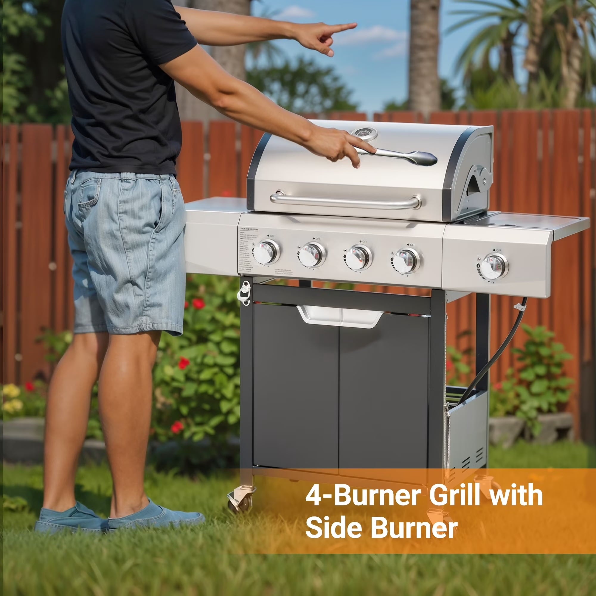 Highsound 4-Burner Propane Gas Grill with Side Burner, 51,000 BTU Outdoor Barbecue Grill, Stainless Steel BBQ Grill for Backyard Cooking, Black Gas Grills