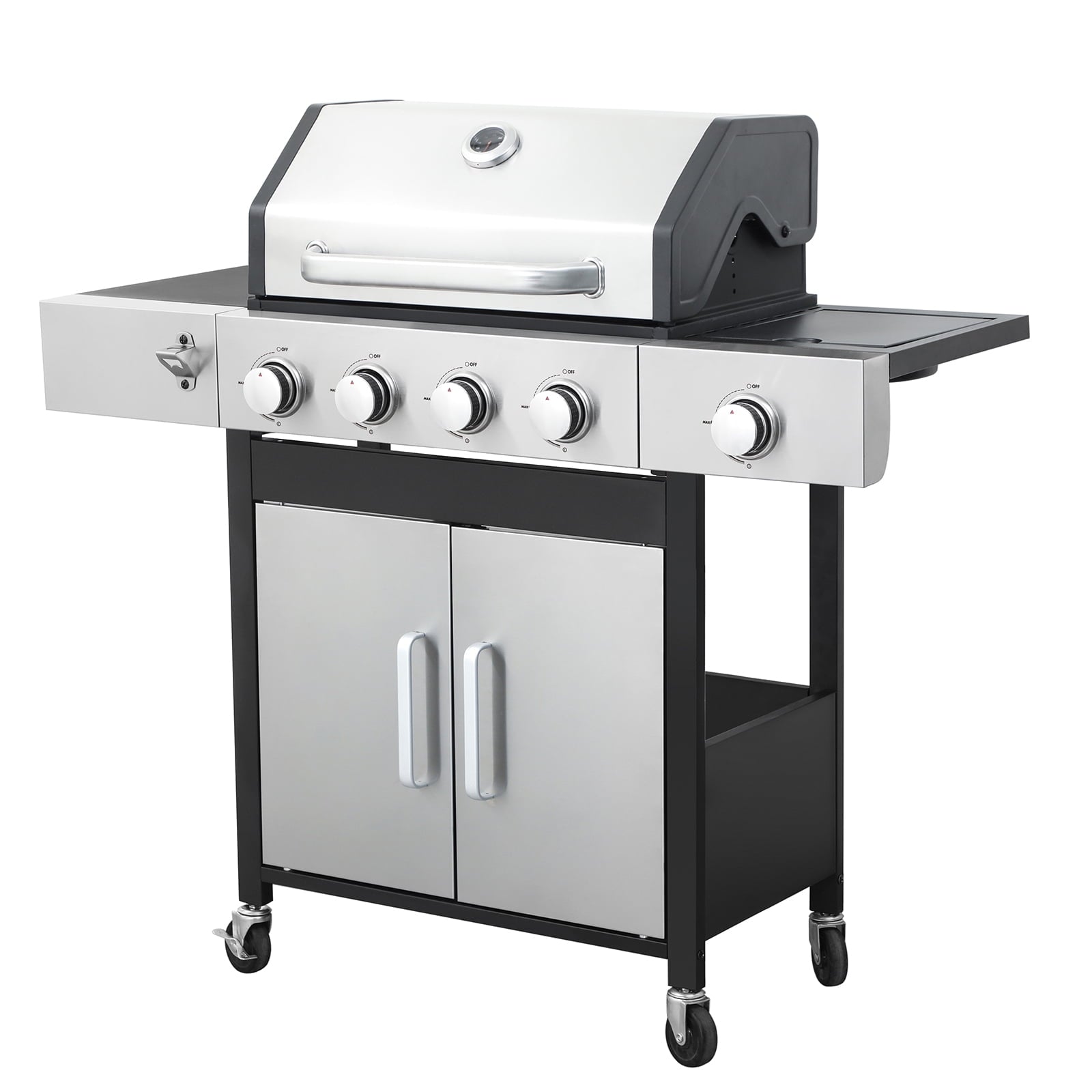 Stainless Steel Portable 4-Burner Propane Gas Grill, 46790BTU Output with bottle opener and 2pcs hooks, Stainless Steel for Outdoor Barbecue HZWDD