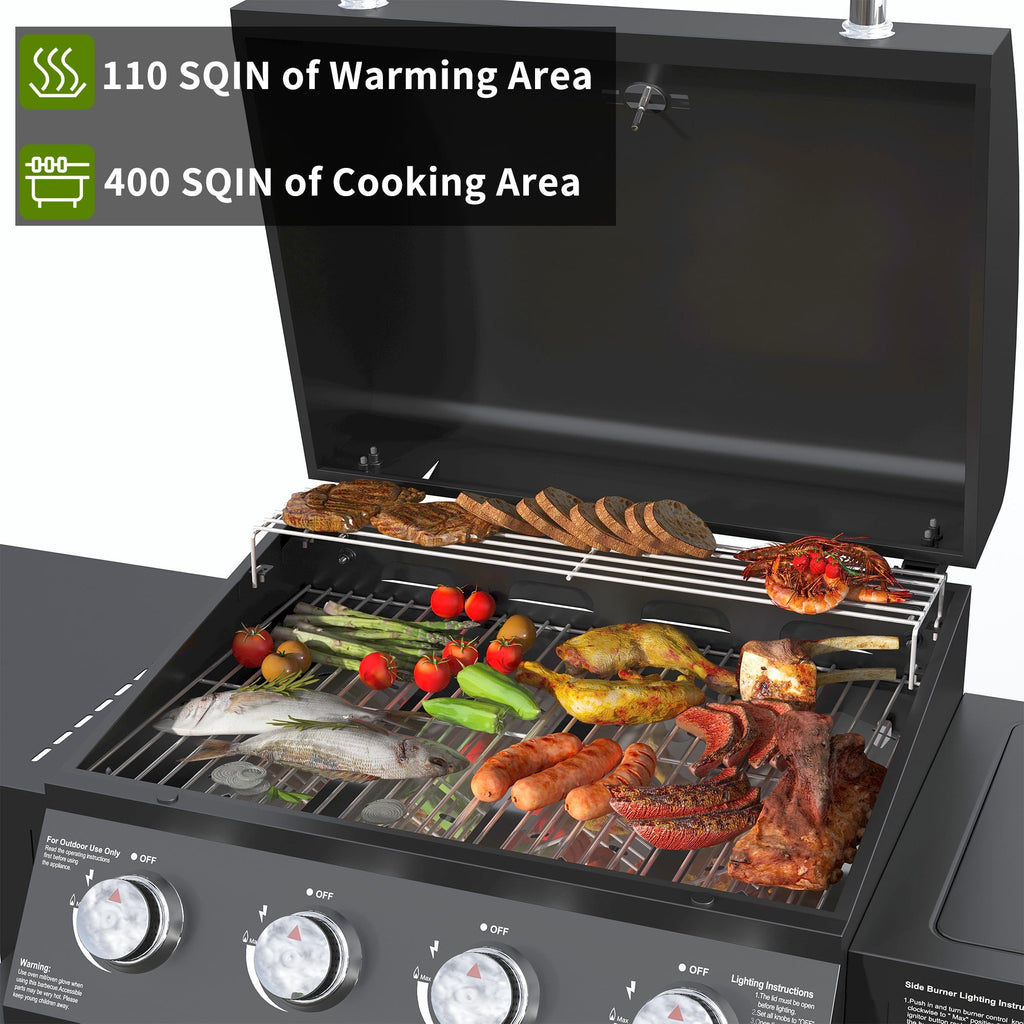4 Burner Propane Gas Grill with 3 Tier Shelf, 50000 BTU Outdoor Cooking Stainless Steel BBQ Grills Cabinet,Can be Placed Smoke Box，Black Tcisa