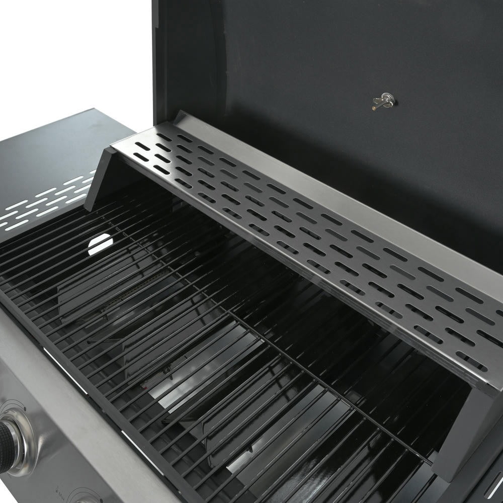 Kadyn Garden Grill with Two Shelves, Lid, Wheels and Bottle Opener, Patio Backyard Barbecue Grill with 4 Burner and Stainless Steel 34,000 BTU, Black Kadyne