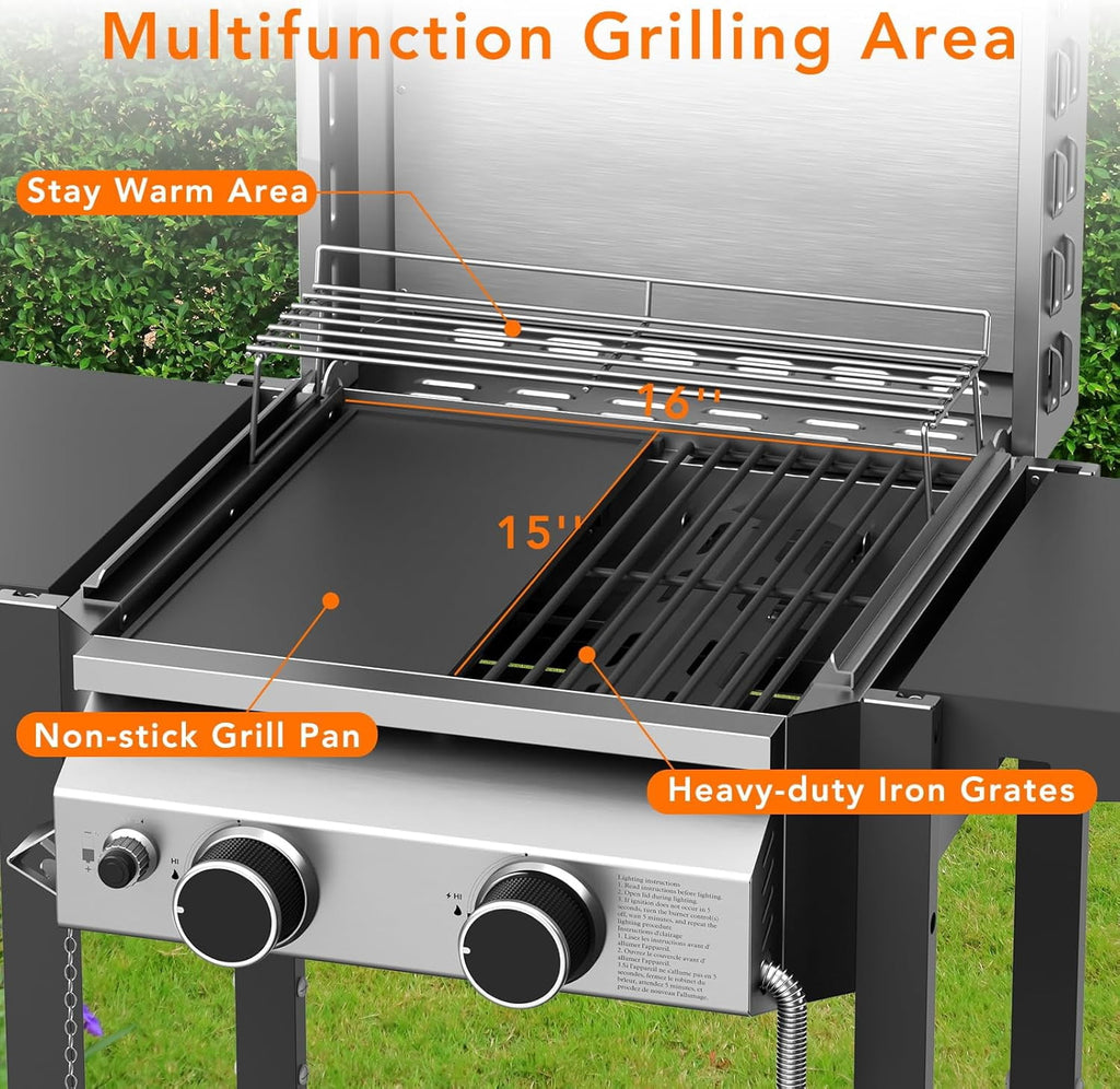 16000 BTU 2-Burner Propane Grill, Stainless Steel BBQ Grill with Cast Iron Frying Pan and Grates Combo, for Patio Backyard Outdoor Cooking WAA