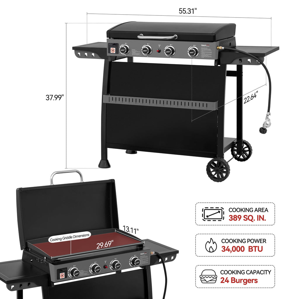 Royal Gourmet PD4001 30-Inch 4-Burner Gas Griddle with Hood, Tabletop Gas Griddle with Removable Standing Cart, Free-Standing Cart with Side Shelves and Hooks Royal Gourmet