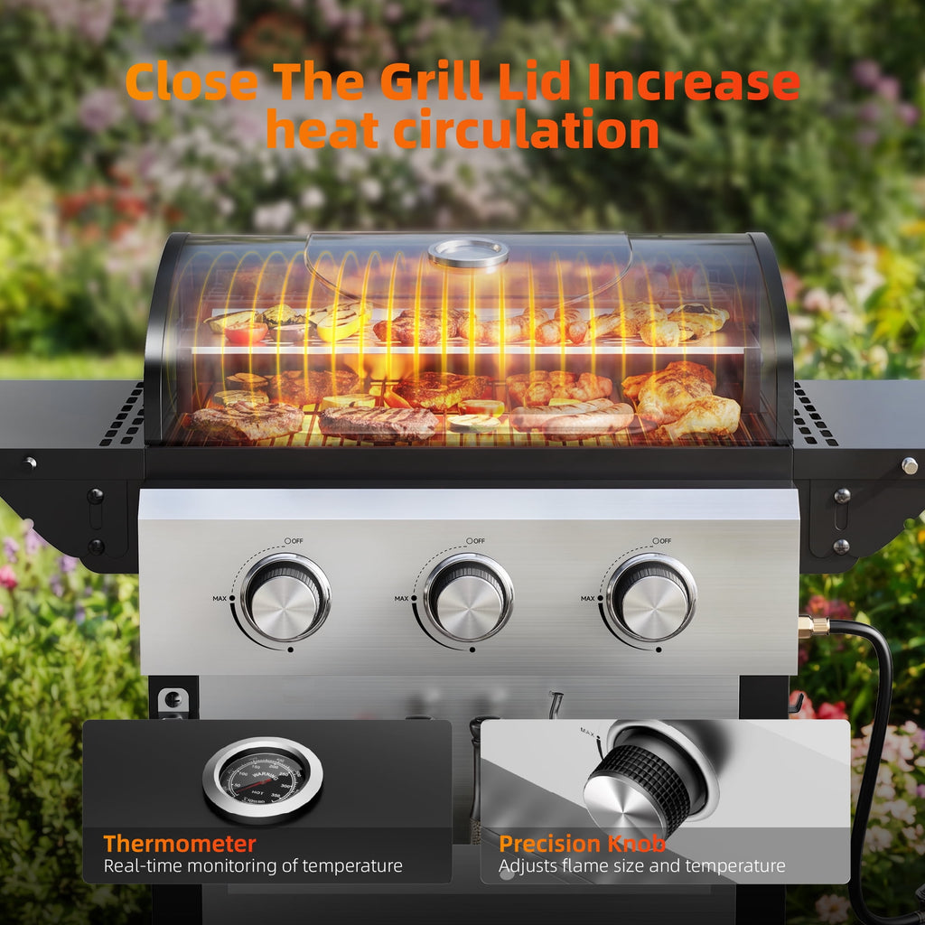 Biotree 3 Burner BBQ Propane Gas Grill, Stainless Steel 28,650 BTU Patio Garden Barbecue Grill with Two Foldable Shelves Gas Grills