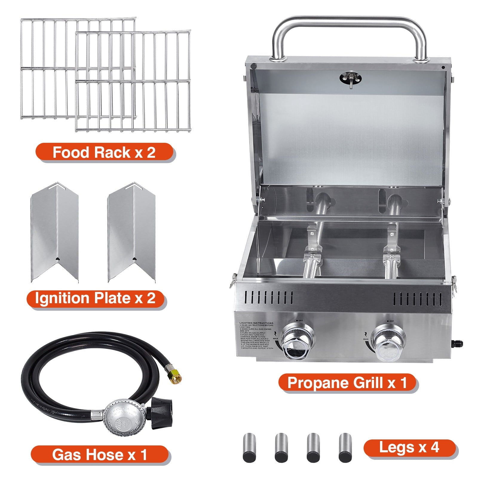 Frizi Portable 2-Burner Tabletop Propane Grill for Patio, 20,000 BTU, Stainless Steel, Camping & Tailgating Gas Grills