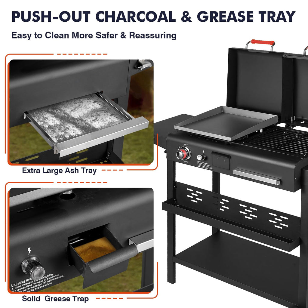 Frizi Charcoal and Gas Grill Combo with Black Dual Lids, Dual Fuel Propane Gas Grill with 2 Side Shelves for Outdoor Backyard Barbecue Cooking Gas Grills