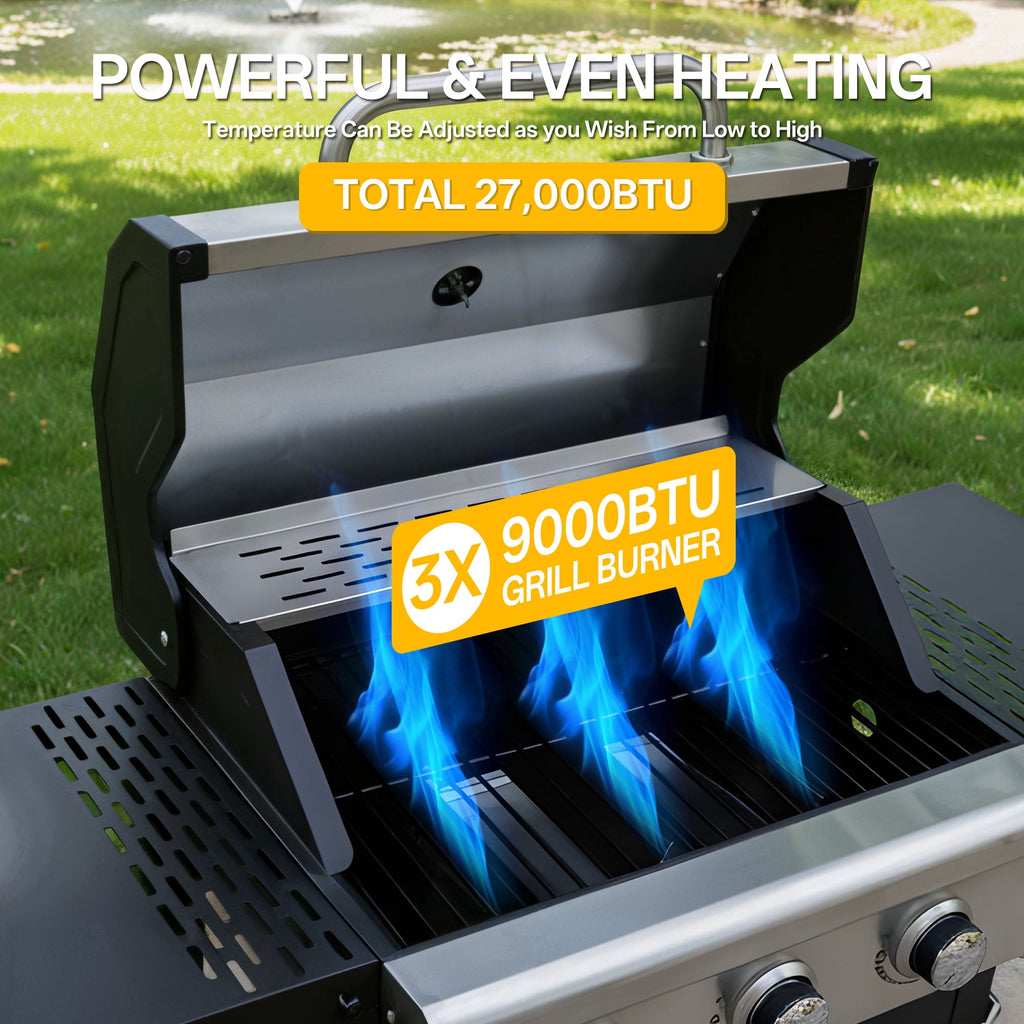 YIORTWO 3 Burner Propane Gas Grill with Cover, 27,000 BTU Outdoor BBQ with Stainless Steel Lid & Storage Cabinet, Portable for Patio & Camping Gas Grills