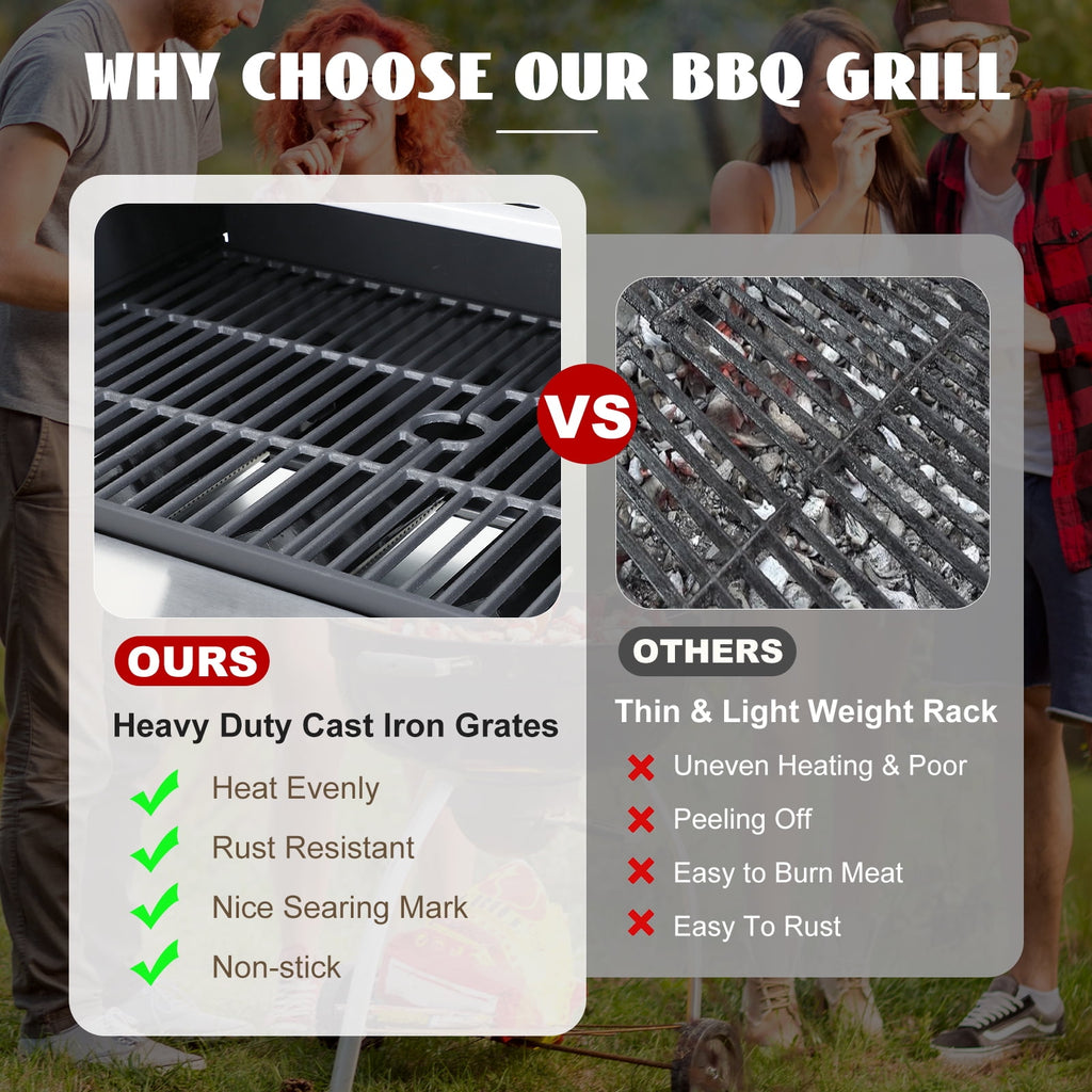 Nice Cooker 3-Burner Propane Gas Grill with Side Burner, Cast Iron Grates, Double Layer Lid Gas Grills