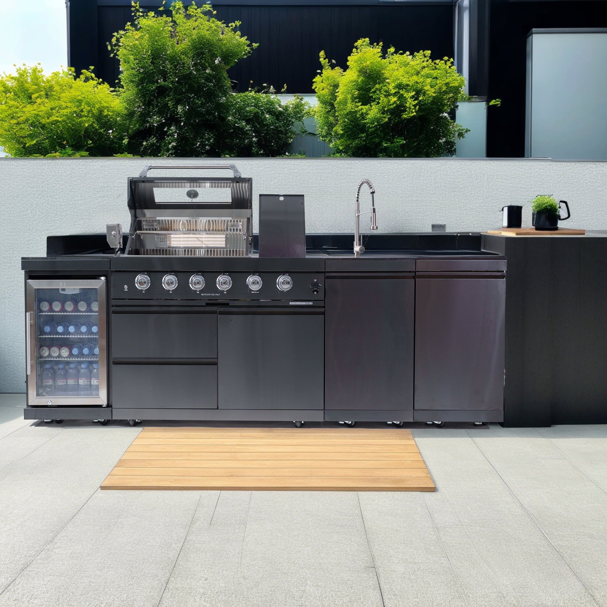 AirWire 104 Deluxe Outdoor Kitchen Island: 4-Burner 85,000 BTU 304 Stainless Steel Gas Grill with Sink, Wine Cooler Refrigerator, Granite Countertop & Rotisserie Kit HomeMindful