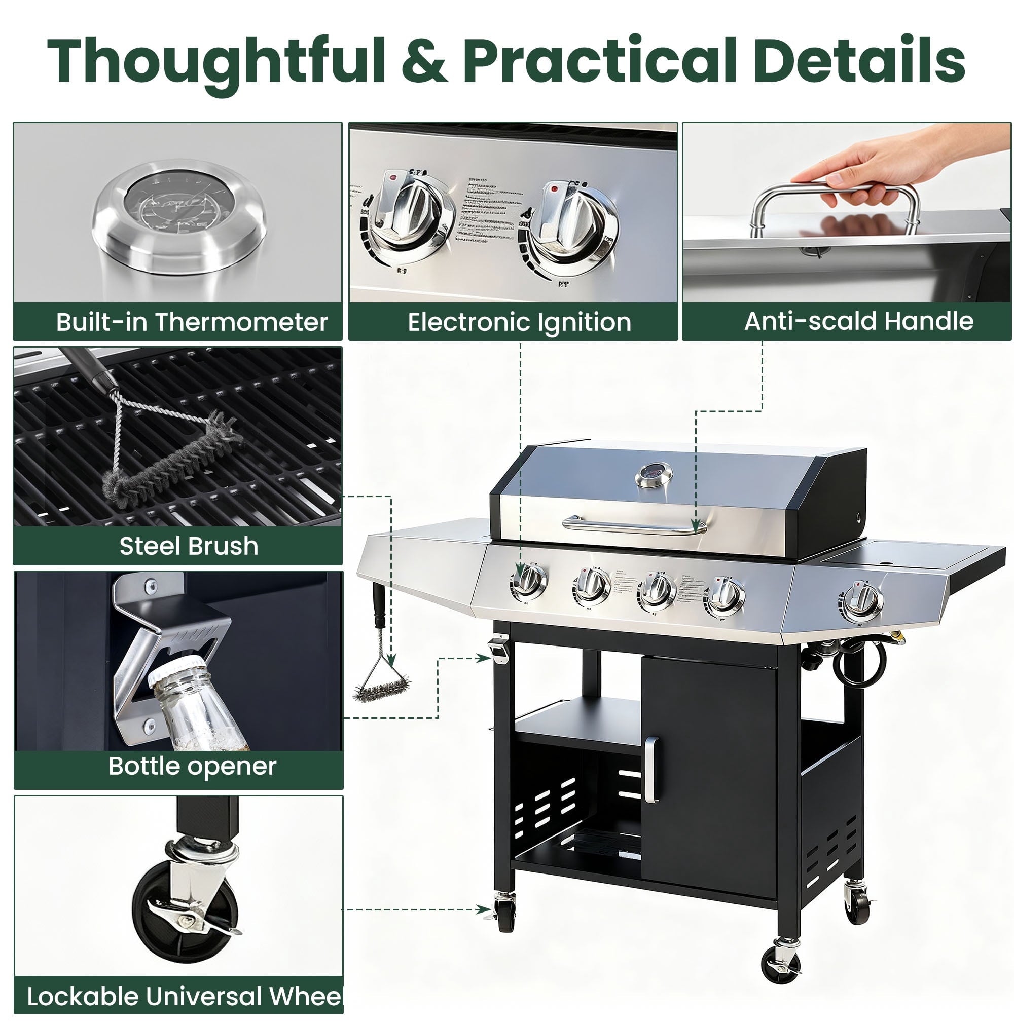 4-Burner BBQ Grill W/Side Burner, 50,000BTU Gas Propane Grill Portable with Storage Cabinet, Heavy-Duty Stainless Steel Outdoor Cooking, with Tank Hook, Towel Rack, Steel Brush Gas Grills