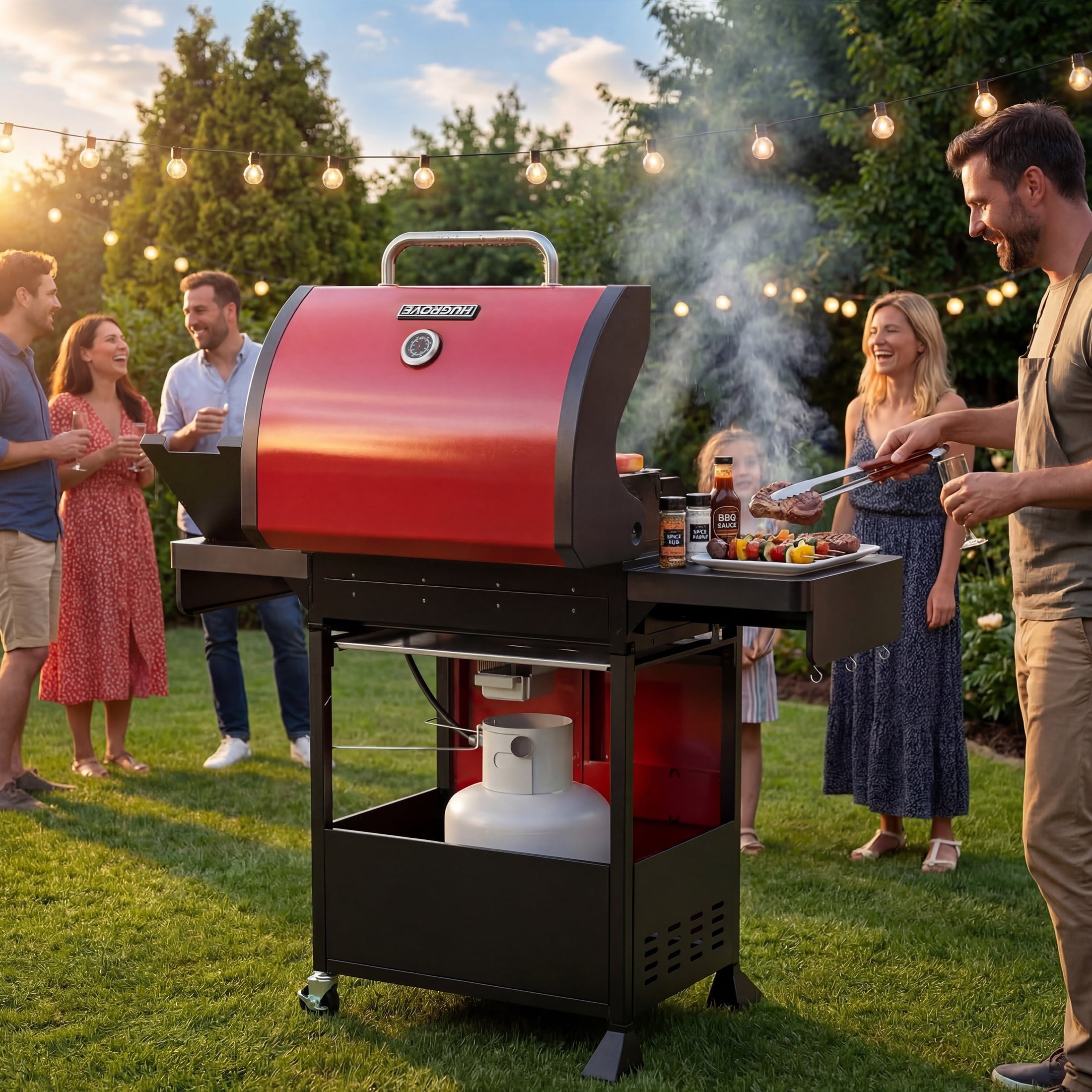 4-Burner Gas Grill with Side Burner, 51,000 BTU, HUGROVE  BBQ Grill with Porcelain-Enameled Lid,Cast Iron Grates, Propane Grills Outdoor Cooking, Red Gas Grills